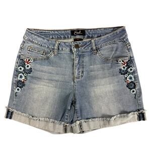Earl Jean Shorts 10 Womens Cutoff Cuffed Flowers Floral Embroidered Cuffed Denim